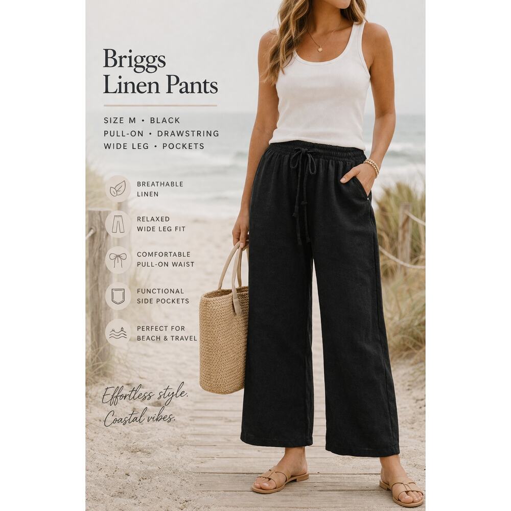 Briggs Linen Pants M Black Pull On Wide Leg Beach Coastal Relaxed Minimalist